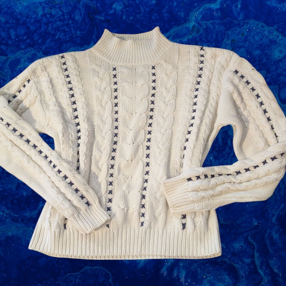 Vintage 80's‎ Forenza women's white blue Chunky Cable knit sweater cropped